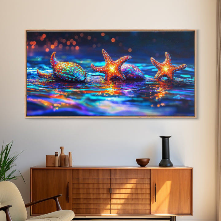 Glowing Starfish And Seashells On Neon Tide Canvas Print, Coastal Wall Art, Ocean Decor, Beach House Gift For Her, Living Room Decor