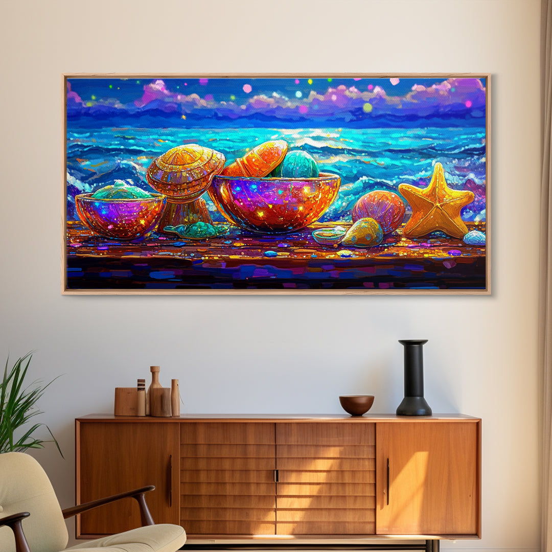 Rainbow Seashells And Starfish By Ocean Canvas Print, Coastal Wall Art, Beach House Decor, Nautical Living Room Art, Ocean Wall Decor