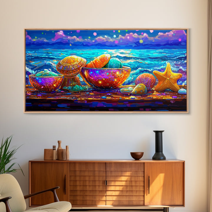 Rainbow Seashells And Starfish By Ocean Canvas Print, Coastal Wall Art, Beach House Decor, Nautical Living Room Art, Ocean Wall Decor