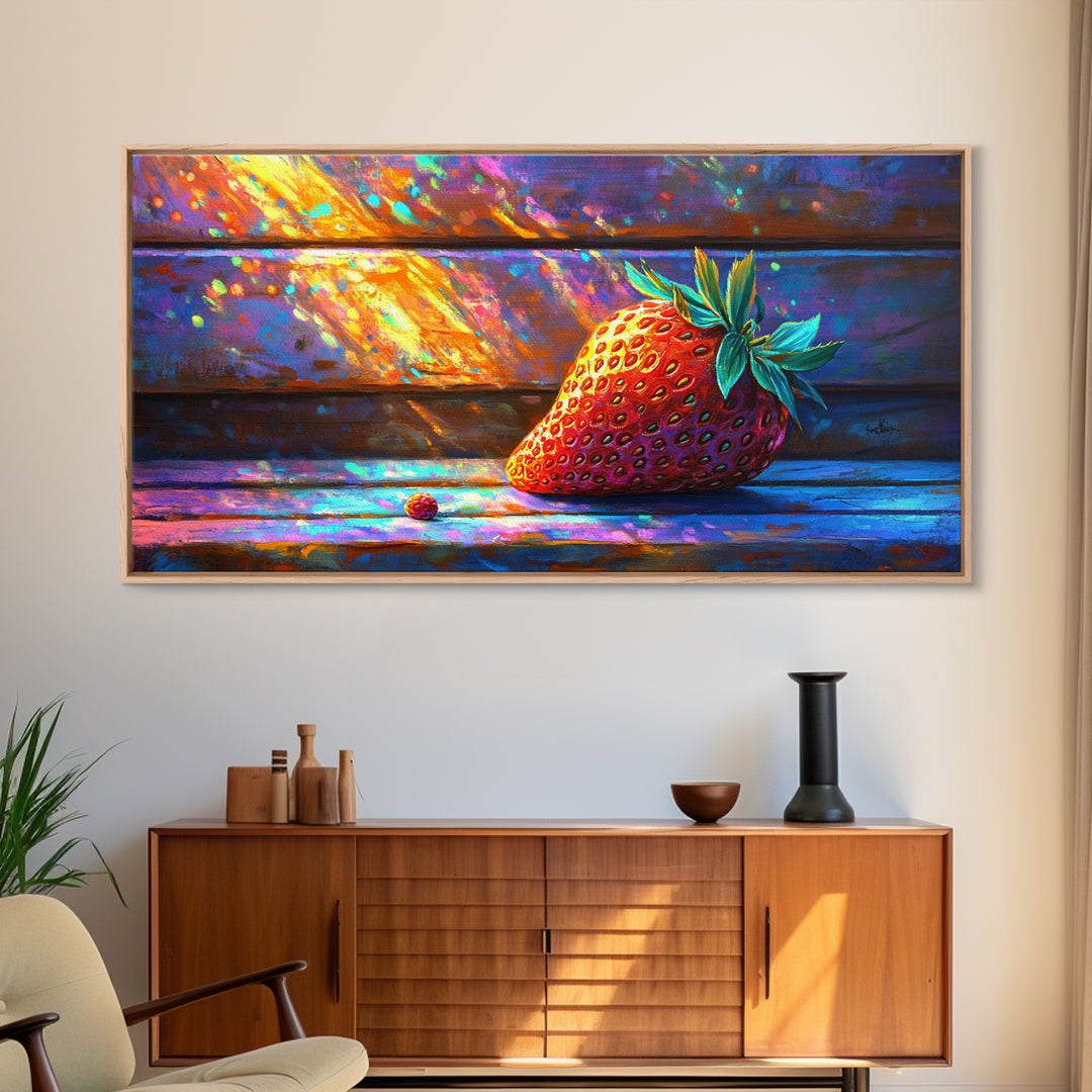 Sunlit Strawberry Still Life Canvas Print, Kitchen Wall Art, Fruit Art, Rustic Home Decor, Colorful Dining Room Print, Gift