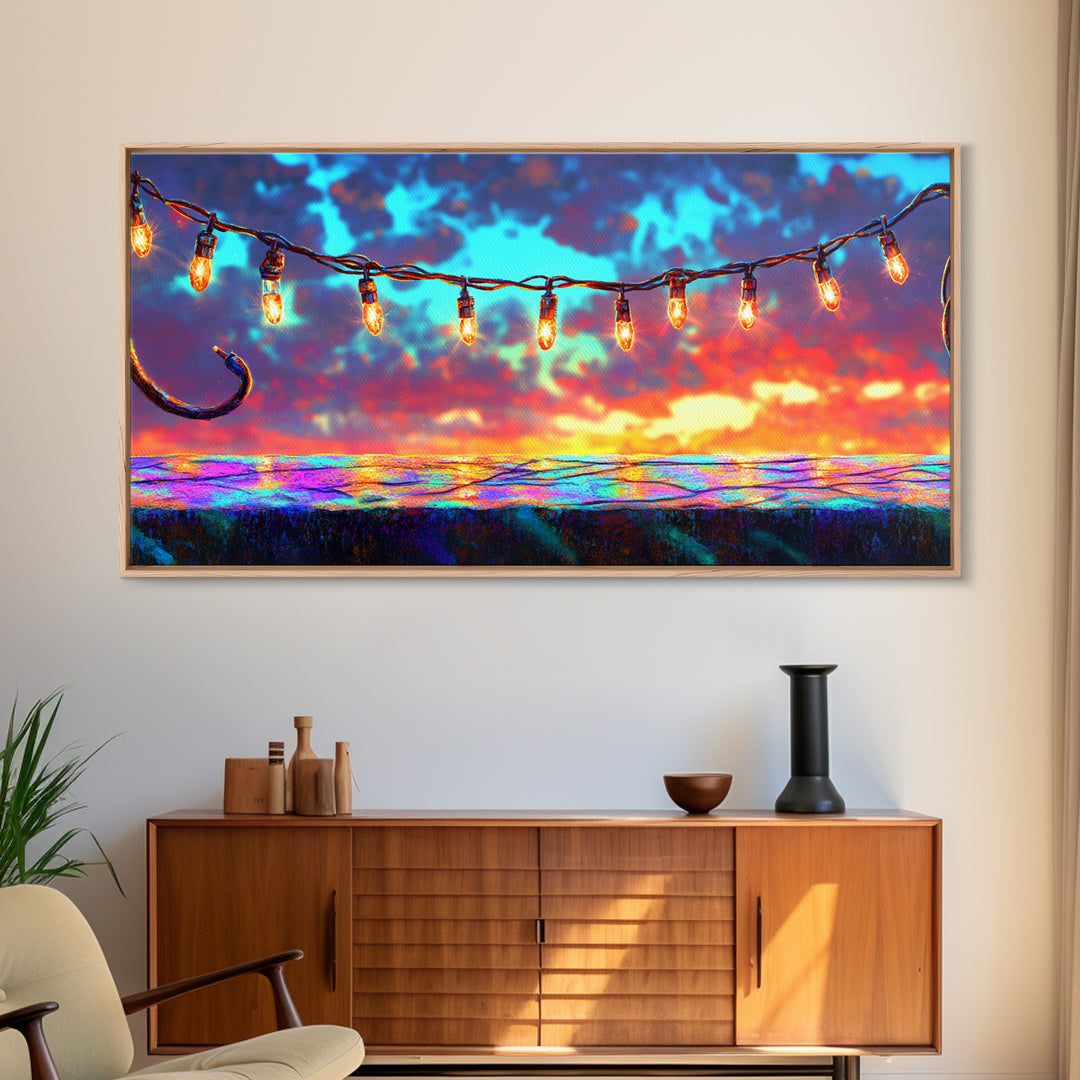 String Lights Over Sunset Patio Canvas Print, Outdoor Wall Art, Patio Decor, Rustic Home Decor, Summer Wall Decor, Gift For Her