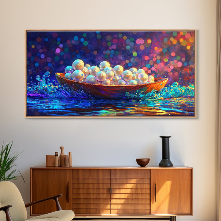 Glowing Pearls In Wooden Bowl Canvas Print, Coastal Wall Art, Ocean Decor, Elegant Bathroom Art, Luxury Home Decor, Gift For Her