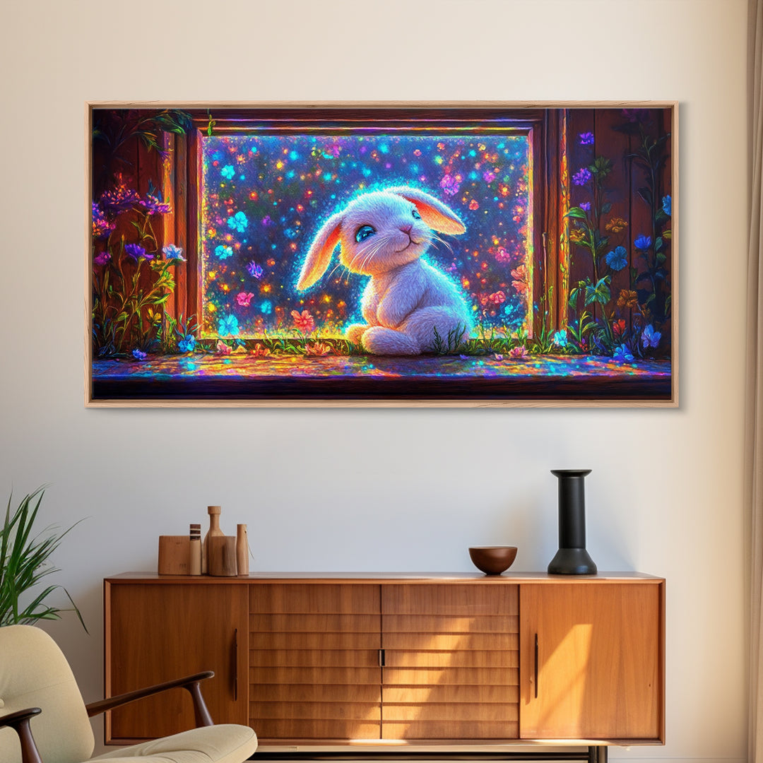 Glowing Bunny In Flower Window Canvas Print, Whimsical Wall Art, Nursery Decor, Kids Room Art, Cute Animal Gift, Baby Room Decor