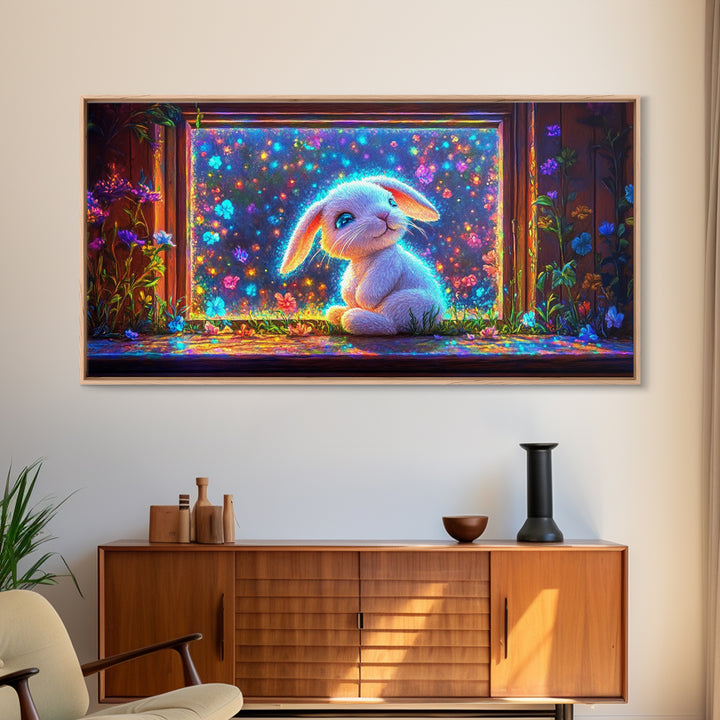 Glowing Bunny In Flower Window Canvas Print, Whimsical Wall Art, Nursery Decor, Kids Room Art, Cute Animal Gift, Baby Room Decor
