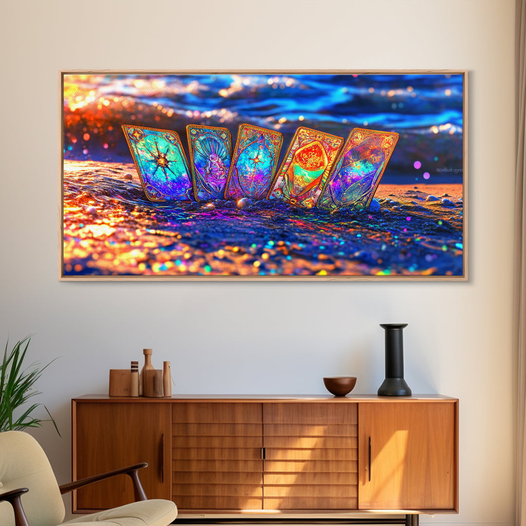 Glowing Tarot Cards On Ocean Shore Wall Art, Celestial Coastal Decor, Mystical Canvas Print, Witchy Gift For Her, Beach House Decor