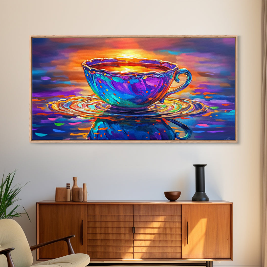 Vibrant Teacup At Sunset Reflection Framed Canvas Print, Cozy Kitchen Wall Art, Coffee Bar Decor, Gift For Tea Lover, Home Decor