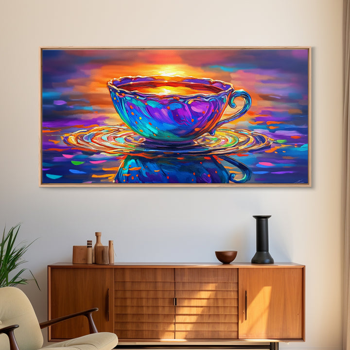 Vibrant Teacup At Sunset Reflection Framed Canvas Print, Cozy Kitchen Wall Art, Coffee Bar Decor, Gift For Tea Lover, Home Decor