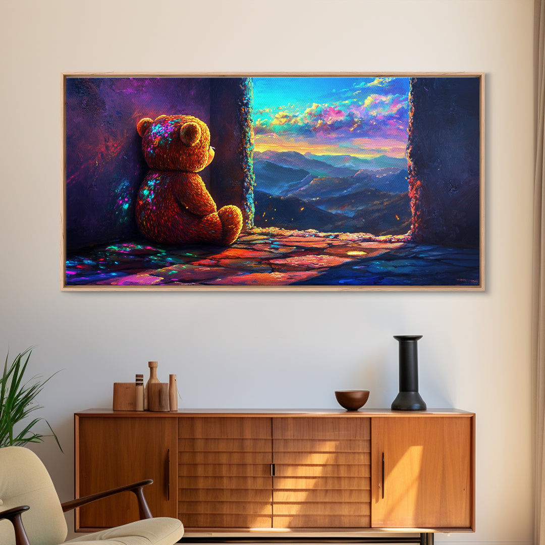 Teddy Bear Watching Mountain Sunset Wall Art, Whimsical Nursery Decor, Cozy Bedroom Canvas Print, Gift For Kids Room Wall Decor