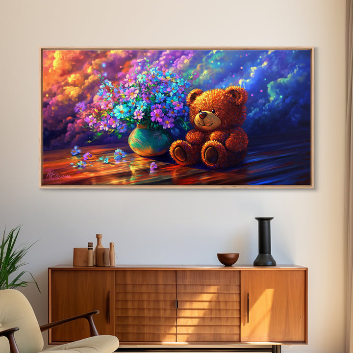 Smiling Teddy Bear With Colorful Wildflowers Canvas Print, Whimsical Nursery Wall Art, Kids Room Decor, Baby Shower Gift