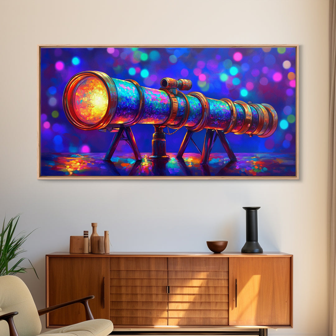 Rainbow Telescope With Cosmic Bokeh Wall Art, Astronomy Decor, Space Lover Canvas Print, Science Poster Gift For Him, Home Office Decor