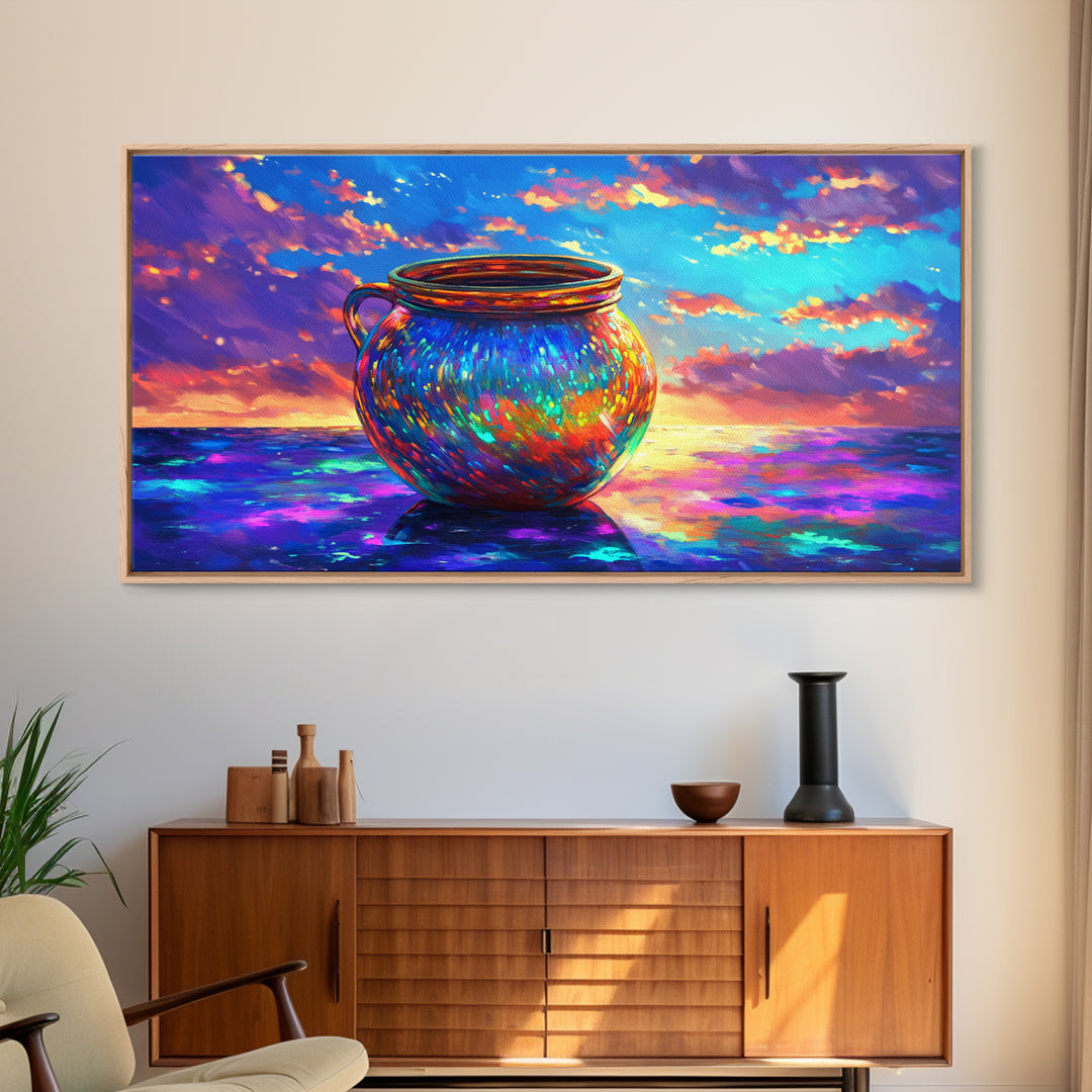 Iridescent Cauldron By Ocean Framed Canvas Print, Colorful Coastal Wall Art, Fantasy Seascape, Beach House Decor Gift Idea