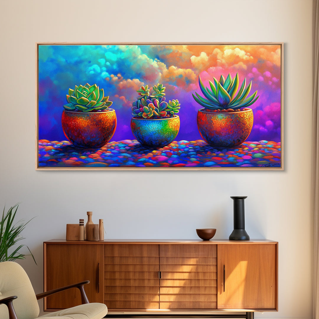 Three Rainbow Succulents Canvas Print, Colorful Botanical Wall Art, Boho Plant Decor, Living Room Art, Housewarming Gift