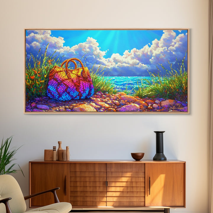 Rainbow Woven Beach Bag Wall Art, Coastal Canvas Print, Beach House Decor, Summer Ocean Art, Tropical Home Decor Gift Idea