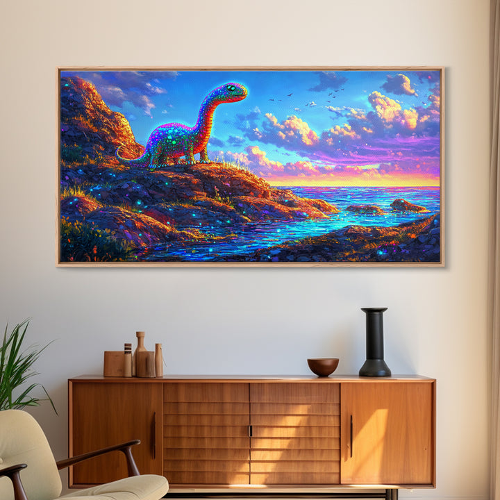 Sparkling Rainbow Dinosaur By Ocean Sunset Wall Art, Colorful Kids Room Decor, Whimsical Nursery Art, Coastal Fantasy Gift