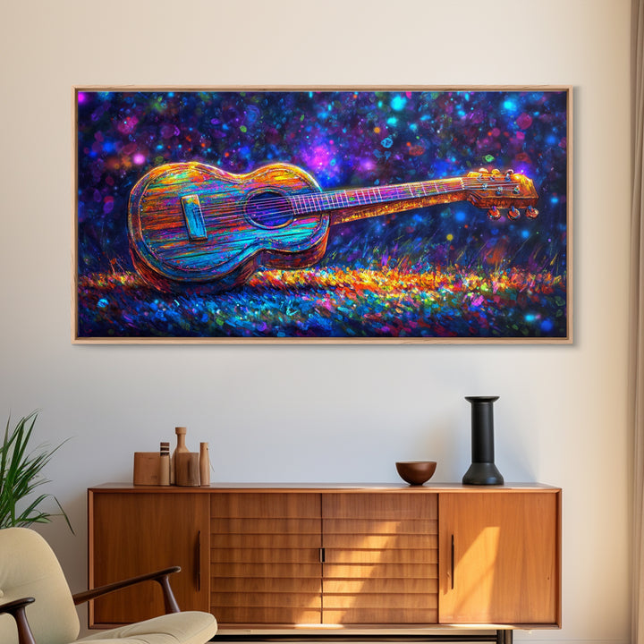 Rainbow Acoustic Guitar Canvas Print, Music Studio Wall Art, Colorful Music Lover Gift, Psychedelic Modern Home Decor, Art Print