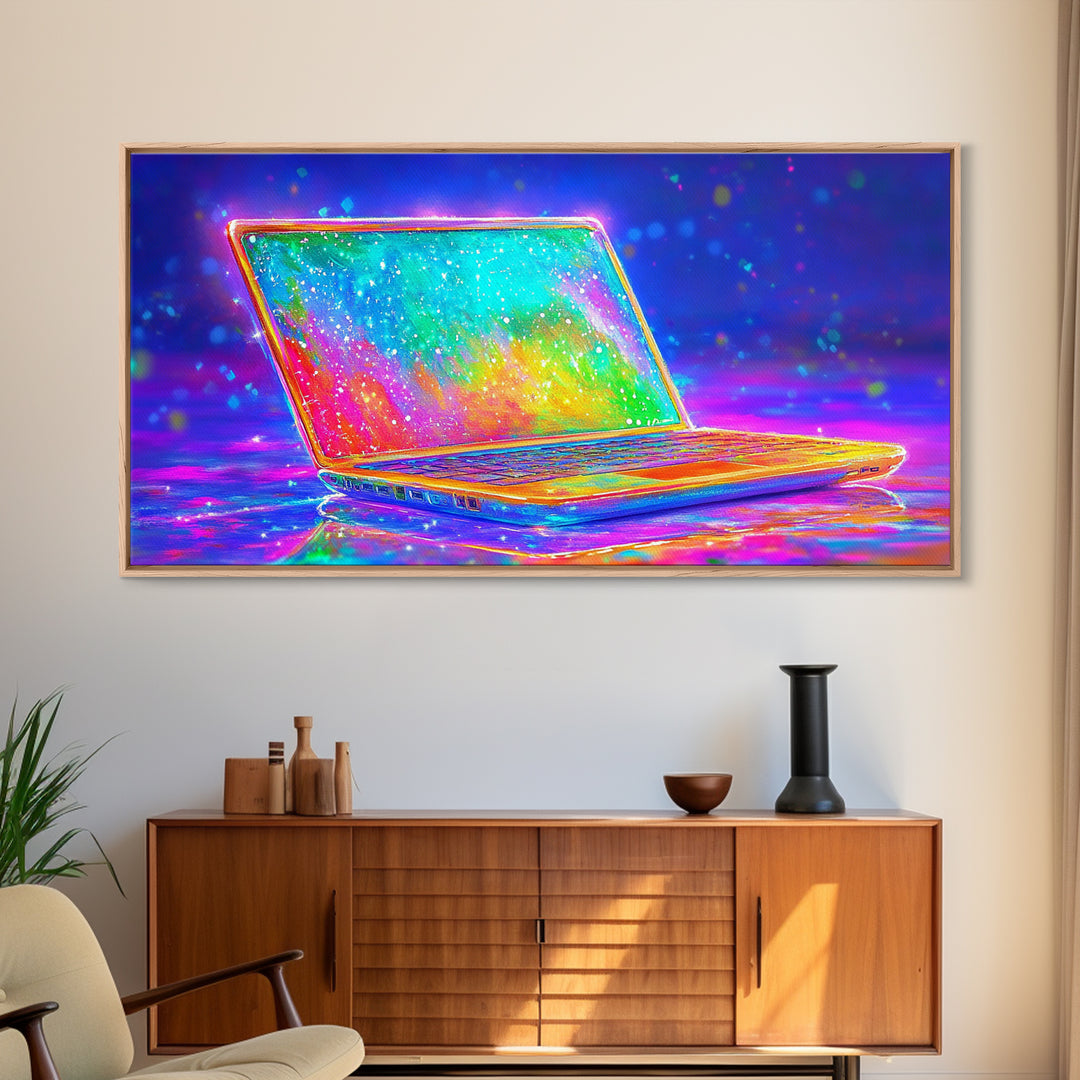 Neon Rainbow Laptop Canvas Print, Cyberpunk Office Wall Art, Tech Art, Gamer Room Decor, Futuristic Home Office Decor, Gift