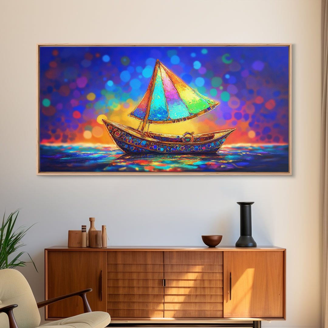Glowing Rainbow Sailboat Canvas Print, Nautical Wall Art, Coastal Wall Decor, Ocean Nursery Decor, Beach House Decor, Seaside Art