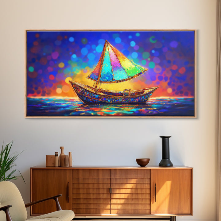 Glowing Rainbow Sailboat Canvas Print, Nautical Wall Art, Coastal Wall Decor, Ocean Nursery Decor, Beach House Decor, Seaside Art