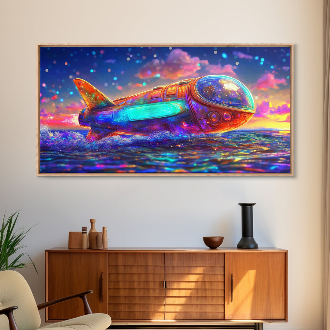 Rainbow Rocket Submarine Canvas Print, Futuristic Ocean Wall Art, Sci Fi Wall Decor, Space Lover Gift, Coastal Nursery Art