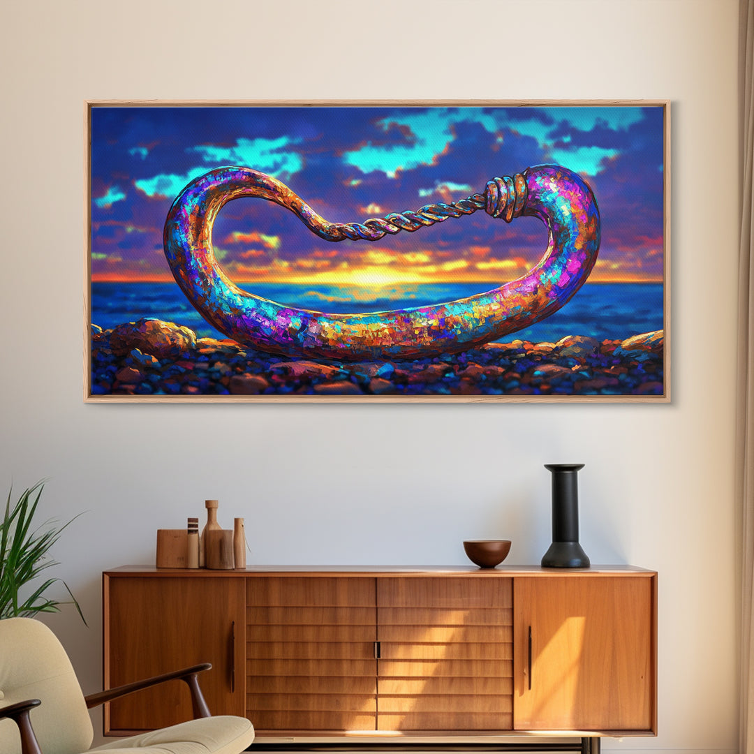 Iridescent Coastal Hook Framed Canvas Print, Nautical Wall Art, Ocean Wall Decor, Beach House Decor, Fisherman Gift, Seascape Art