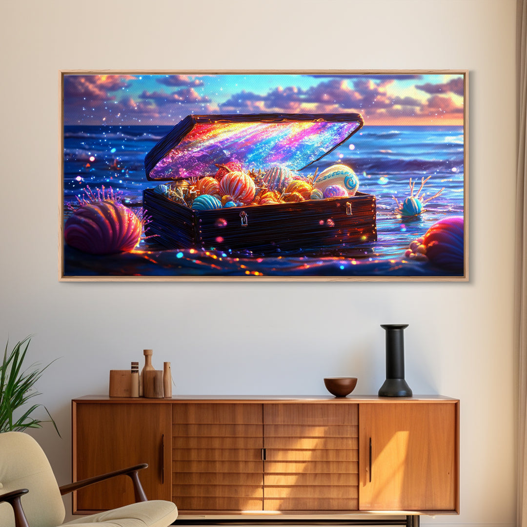 Glowing Sea Treasure Chest With Seashells Canvas Print, Coastal Wall Art, Beach House Decor, Ocean Art, Fantasy Gift, Home Decor