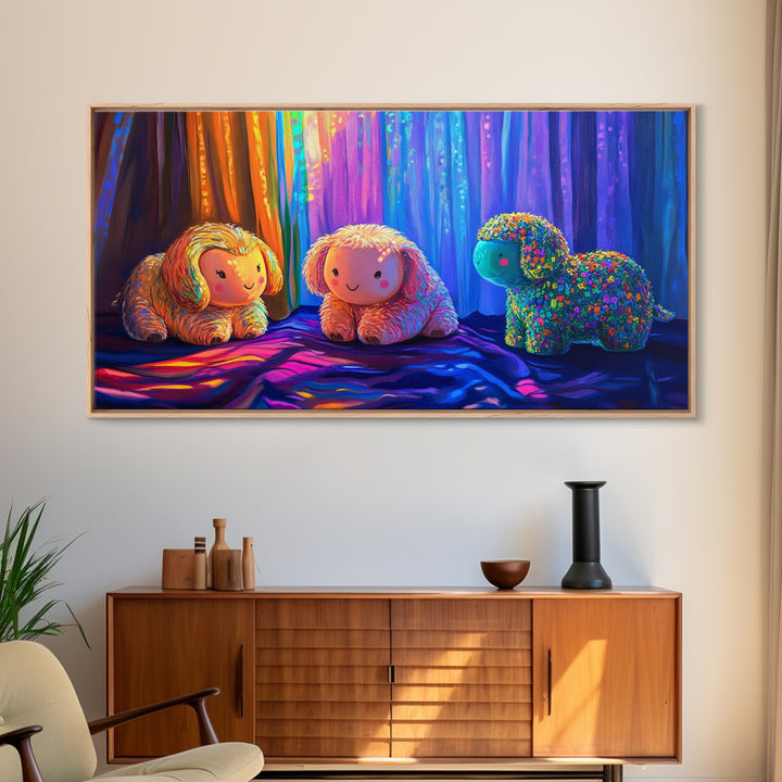 Smiling Plush Animals In Rainbow Curtain Glow Wall Art, Whimsical Animal Art, Nursery Decor, Kids Room Decor, Baby Gift, Cute Art