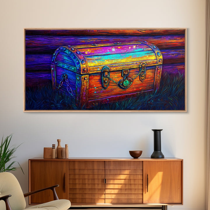 Rainbow Wooden Treasure Chest In Moonlit Grass Canvas Print, Fantasy Art, Whimsical Decor, Rustic Wall Art, Unique Gift, Home Decor