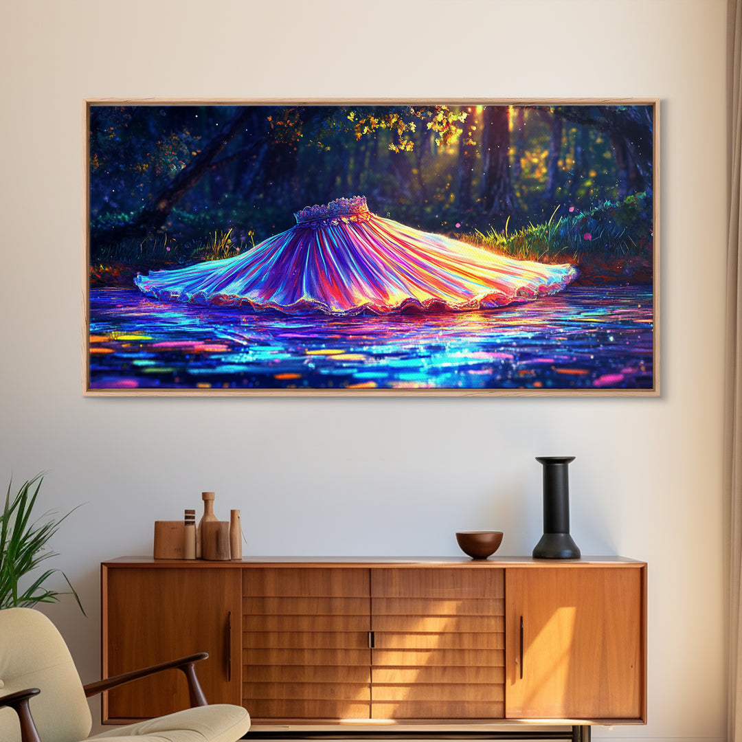 Iridescent Pleated Dress Floating In Forest Stream Wall Art, Fantasy Art, Whimsical Decor, Nature Wall Art, Statement Art