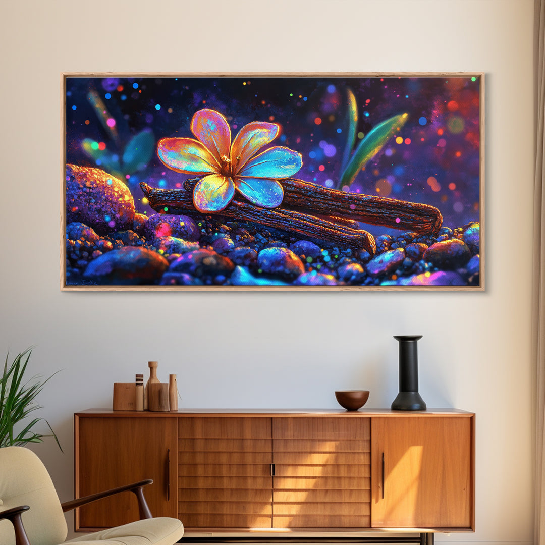 Glowing Flower On Driftwood Pebbles Framed Canvas Print, Nature Wall Art, Whimsical Decor, Botanical Art, Unique Gift, Home Decor