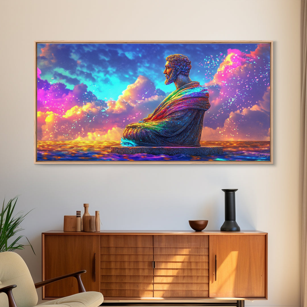 Rainbow Buddha Statue At Ocean Sunset Wall Art, Meditation Room Decor, Spiritual Wall Art, Yoga Studio Decor, Zen Home Decor