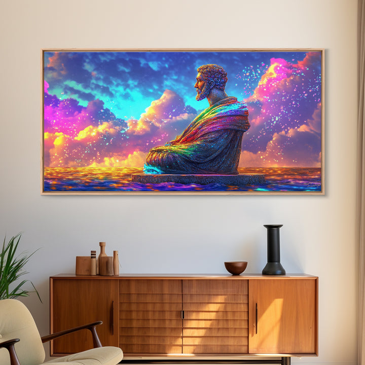 Rainbow Buddha Statue At Ocean Sunset Wall Art, Meditation Room Decor, Spiritual Wall Art, Yoga Studio Decor, Zen Home Decor
