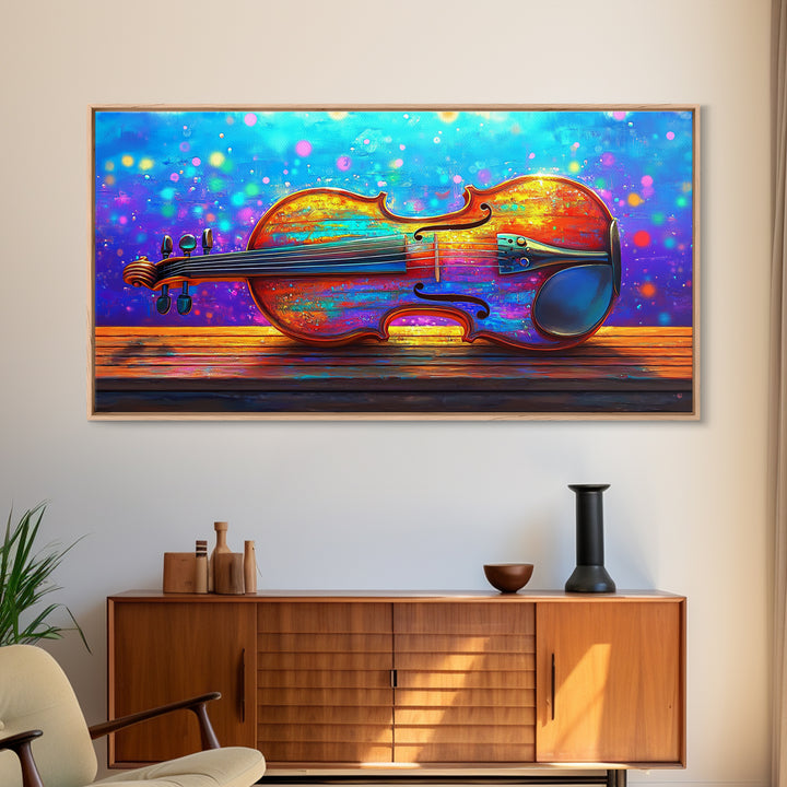Rainbow Violin Still Life Canvas Print, Music Room Wall Art, Colorful Instrument Painting, Music Lover Gift, Studio Decor