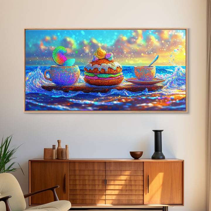 Whimsical Ocean Tea Cup And Macaron Canvas Print, Bakery Wall Art, Coastal Kitchen Decor, Dessert Art Gift For Her, Cafe Wall Decor