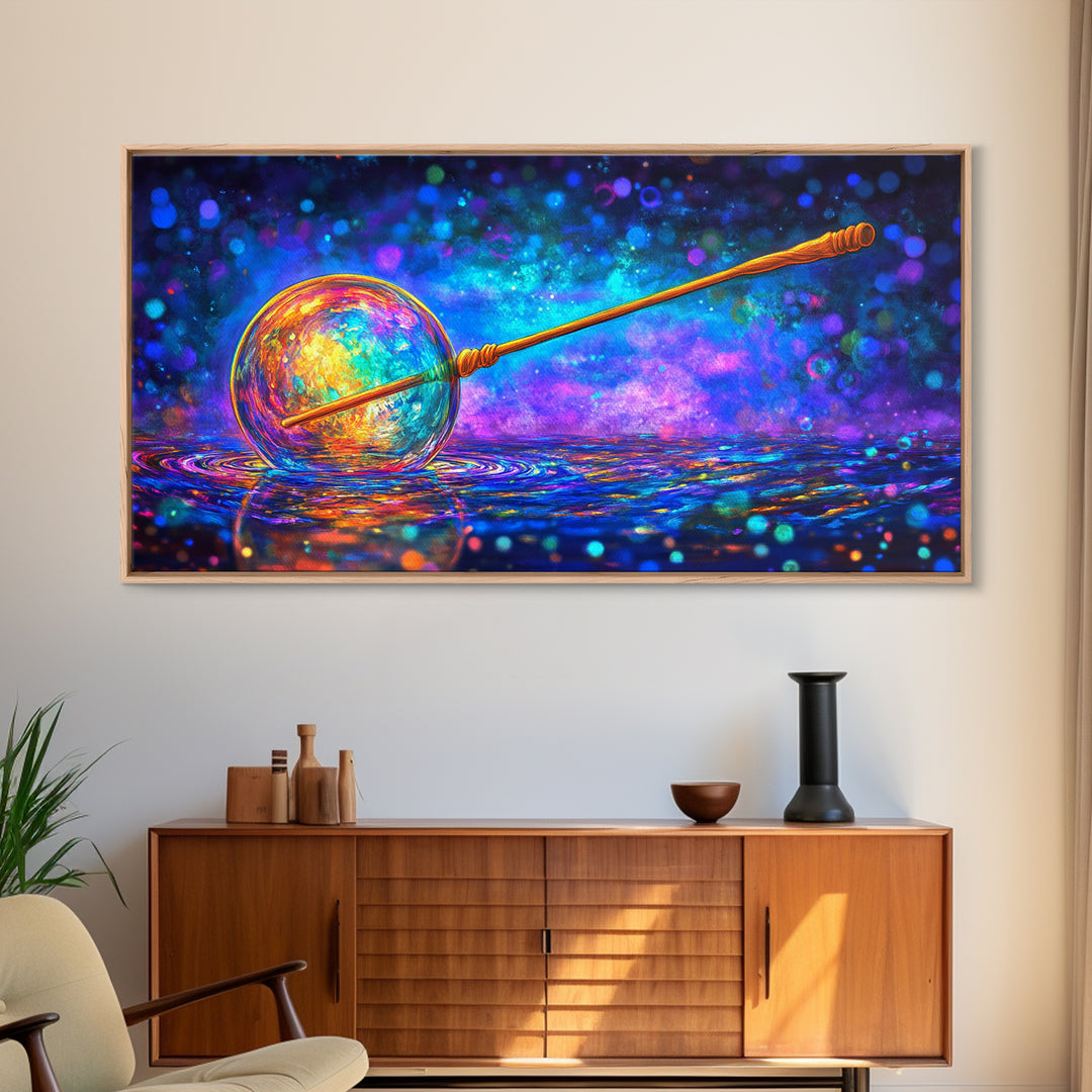 Glowing Cosmic Orb And Golden Wand Canvas Print, Mystical Celestial Wall Art, Modern Fantasy Home Decor, Witchy Gift For Her