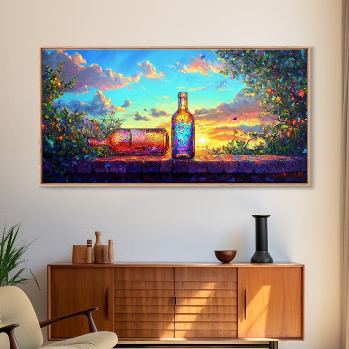 Sunset Garden Bottles On Stone Wall Framed Canvas Print, Colorful Wine Wall Art, Rustic Kitchen Decor, Housewarming Gift