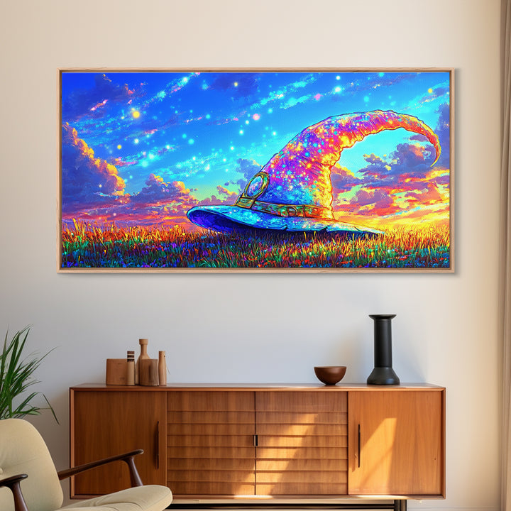 Sparkling Wizard Hat Under Starry Sky Magical Wall Art, Whimsical Fantasy Decor, Witchy Celestial Art Print, Gift For Her