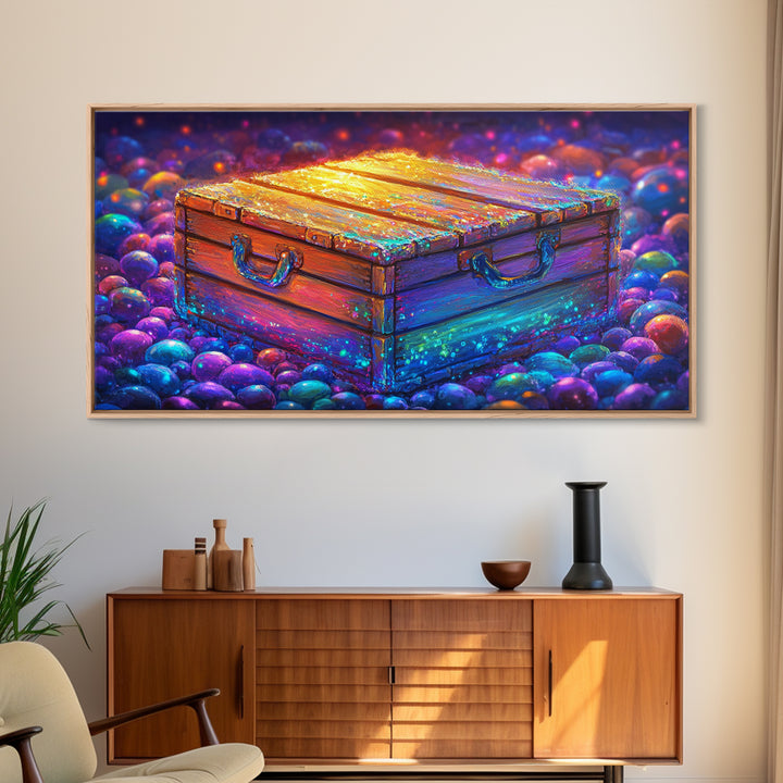 Glowing Wooden Treasure Chest Canvas Print, Whimsical Fantasy Wall Art, Colorful Rustic Home Decor, Unique Housewarming Gift