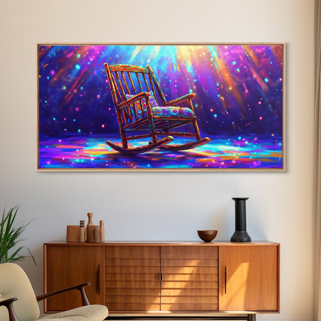 Rainbow Rocking Chair Under Spotlight Framed Canvas Print, Cozy Living Room Wall Art, Whimsical Home Decor, Housewarming Gift