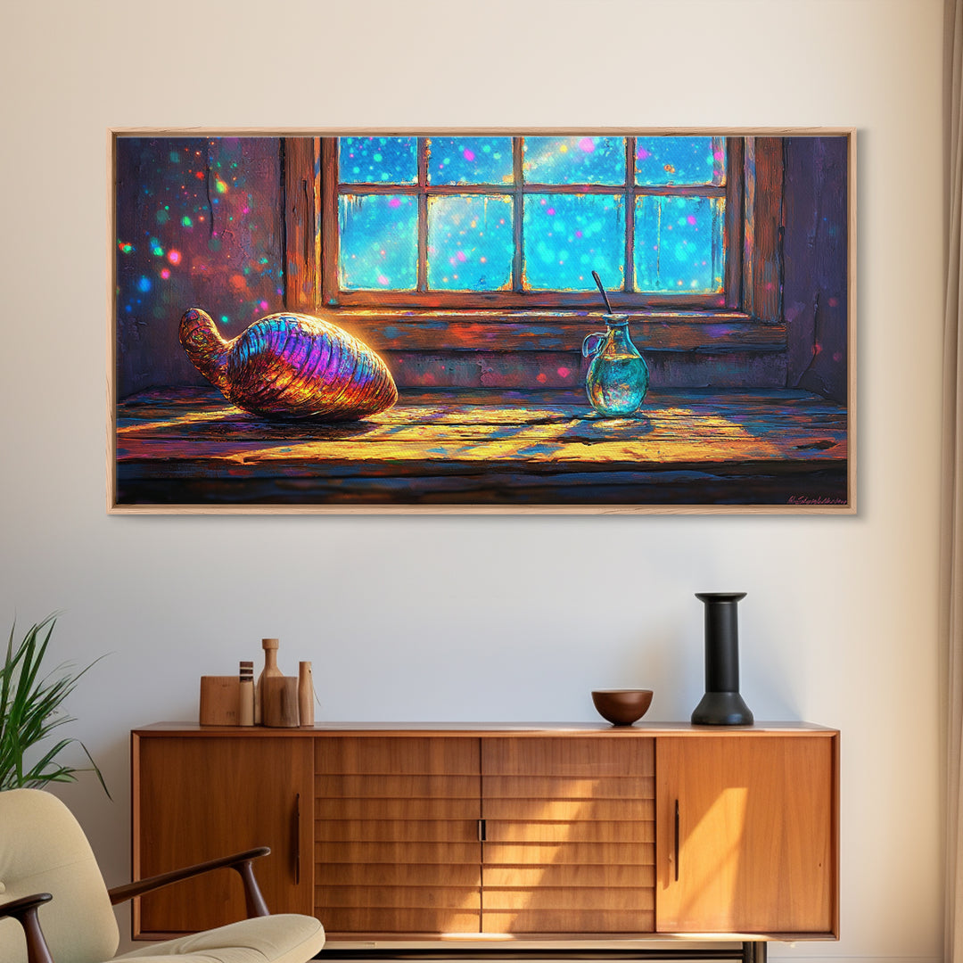 Rainbow Seashell And Glass By Window Canvas Print, Nautical Wall Art, Coastal Home Decor, Bathroom Wall Decor, Beach House Gift