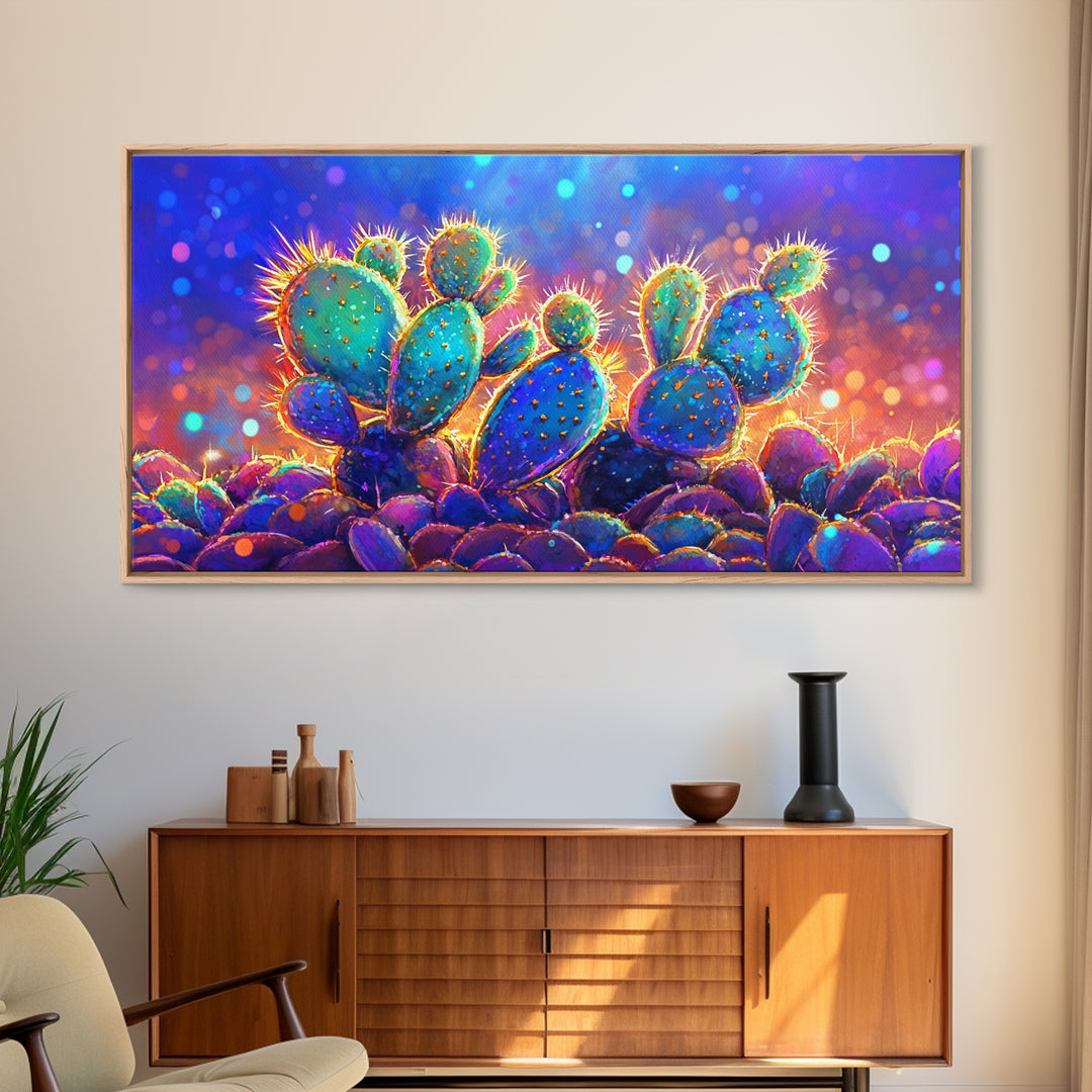 Glowing Prickly Pear Cactus At Twilight Wall Art, Vibrant Desert Canvas, Colorful Southwestern Decor, Boho Living Room Print