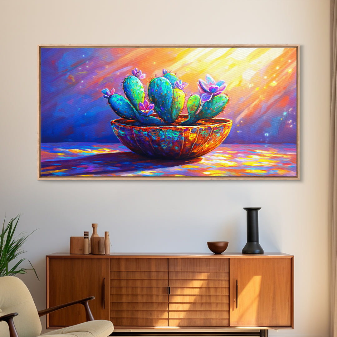 Sunlit Blooming Cactus In Rustic Bowl Canvas Print, Colorful Desert Botanical Art, Southwestern Kitchen And Living Room Decor
