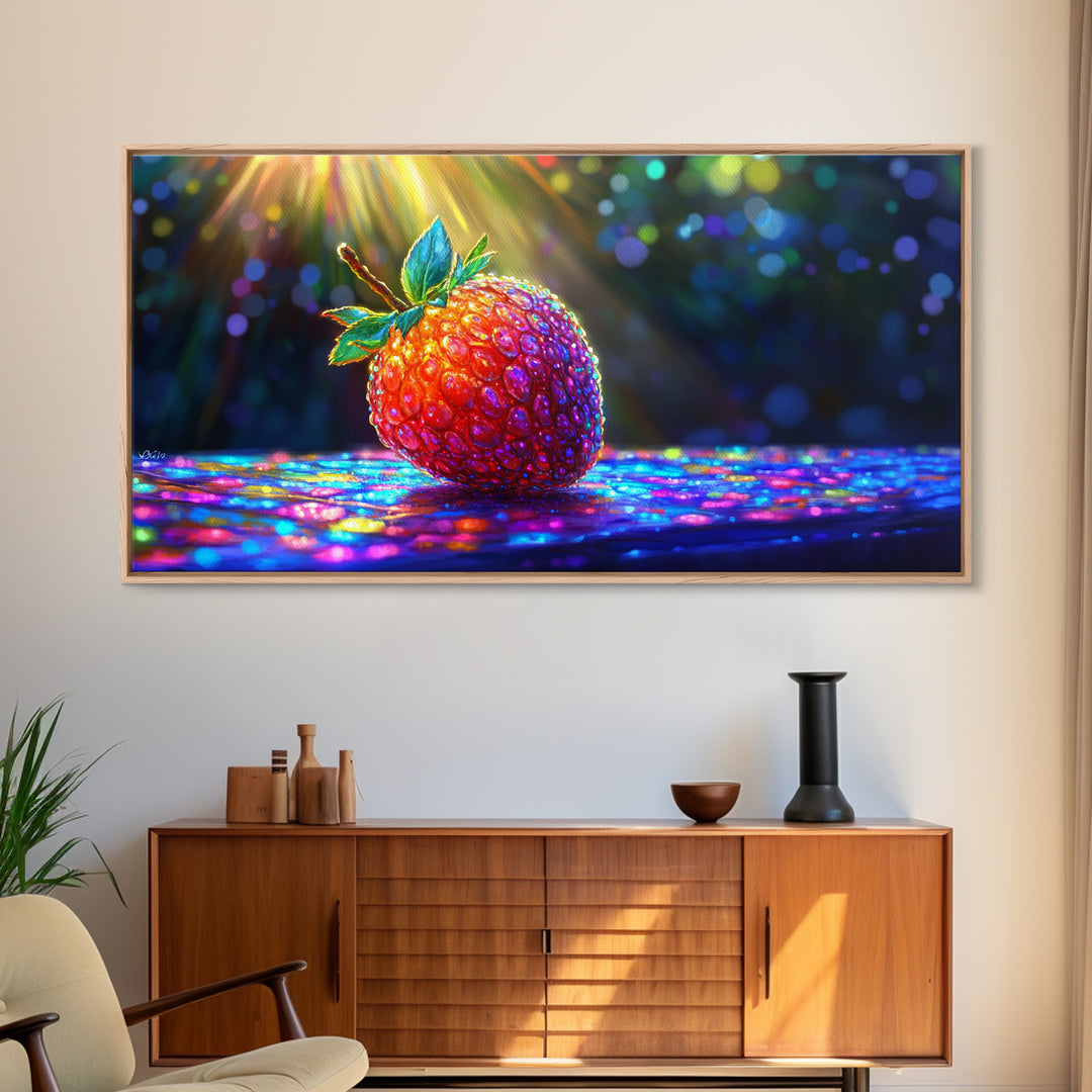 Glowing Strawberry Under Sunbeams Canvas Print, Colorful Fruit Wall Art, Whimsical Kitchen Decor And Food Lover Gift Idea