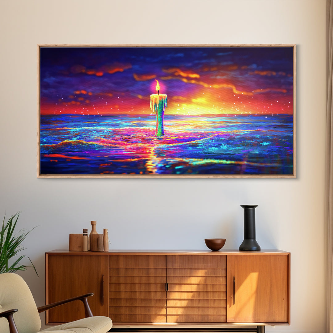 Tall Candle Burning Over Sunset Sea Wall Art, Colorful Seascape Canvas, Coastal Meditation Home Decor And Serene Ocean Print