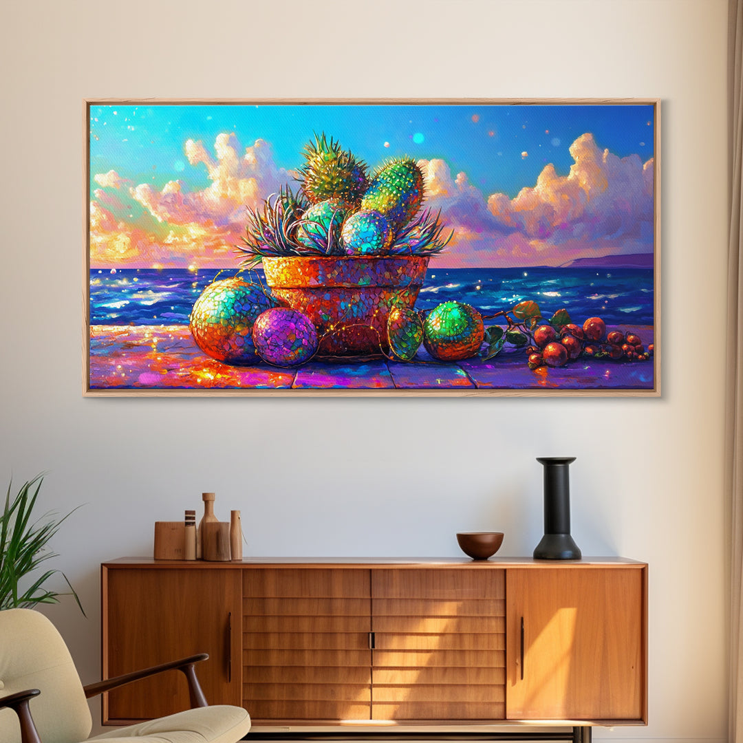 Prickly Pear Cactus Basket Wall Art, Coastal Tropical Still Life, Beach House Decor, Colorful Fruit Print, Summer Canvas