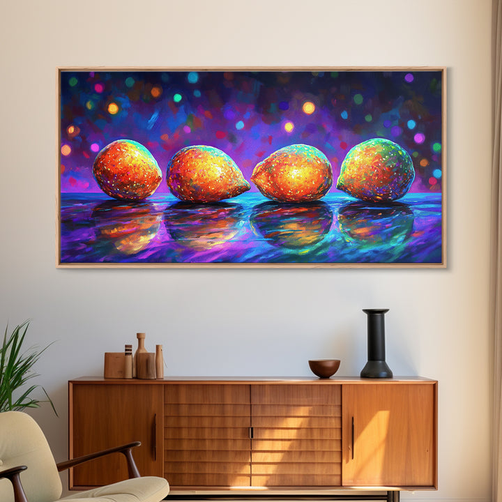 Four Bright Mangoes Wall Art, Colorful Fruit Still Life, Modern Kitchen Decor, Tropical Art Print, Vibrant Dining Room Canvas