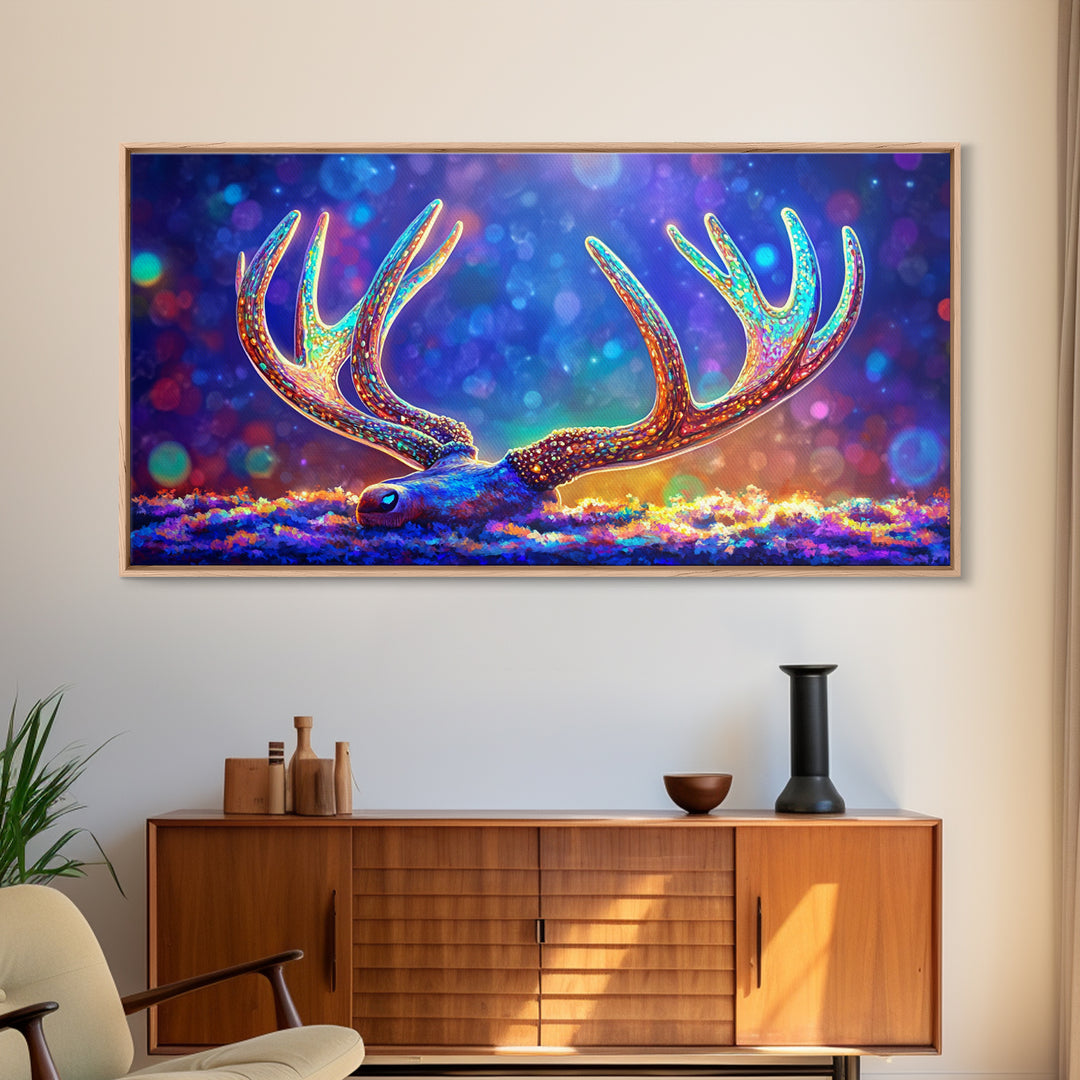 Glowing Deer Antlers Wall Art, Surreal Wildlife Print, Colorful Nature Decor, Rustic Cabin Gift, Whimsical Animal Canvas