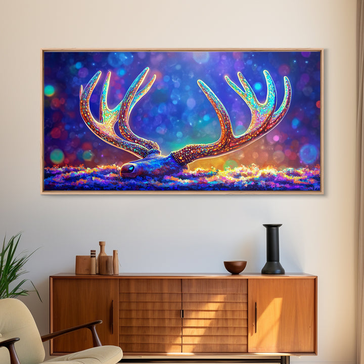 Glowing Deer Antlers Wall Art, Surreal Wildlife Print, Colorful Nature Decor, Rustic Cabin Gift, Whimsical Animal Canvas