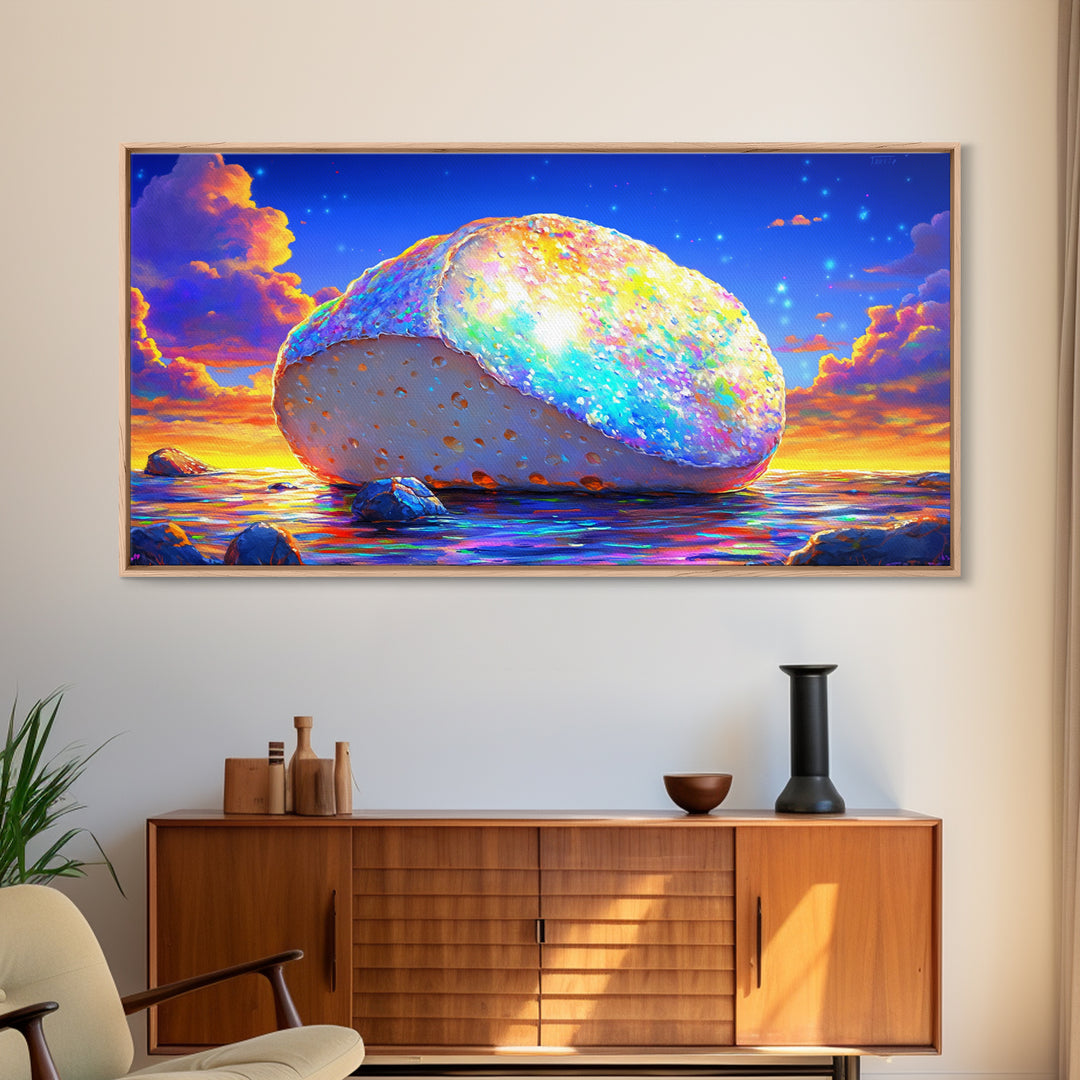 Glowing Rainbow Sea Stone At Sunset Wall Art, Colorful Coastal Canvas, Surreal Beach Decor, Ocean Landscape Living Room Print