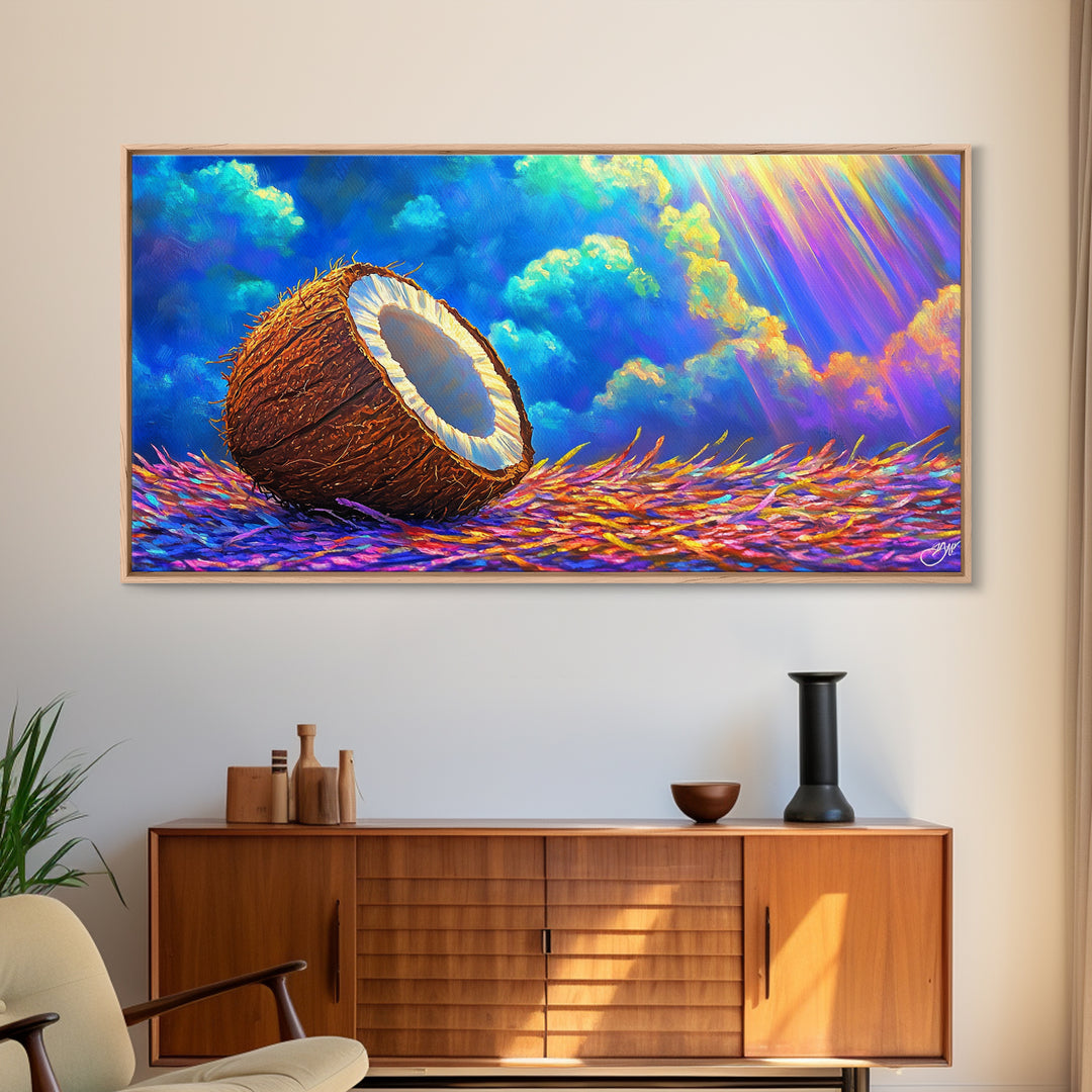 Sunlit Coconut On Tropical Straw Canvas Print, Beach House Wall Art, Coastal Decor, Vibrant Ocean Wall Decor Gift For Summer Home Decor
