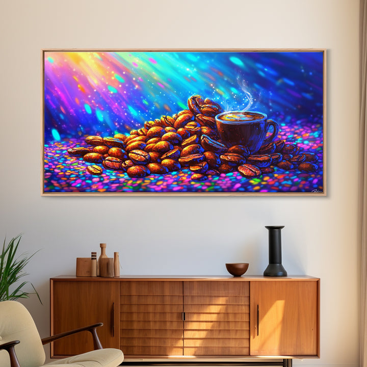 Steaming Coffee Cup With Roasted Beans Canvas Print, Coffee Bar Wall Art, Kitchen Decor, Cafe Poster Gift For Coffee Lover